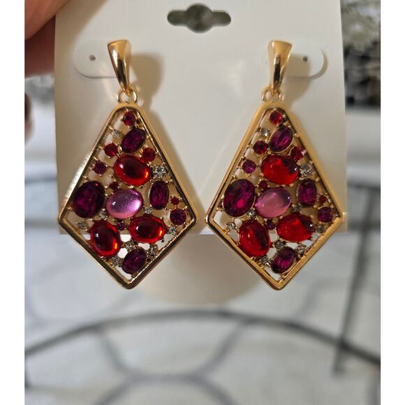 Laundry By Shelli Segal Gold Pink Red Stone Earrings New - Picture 3 of 4